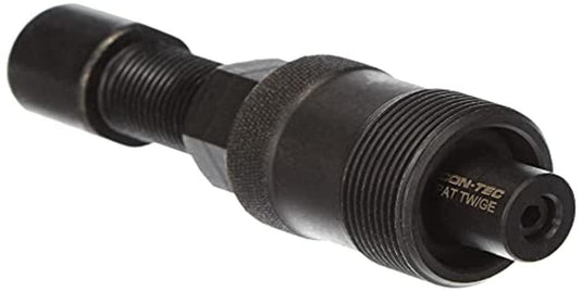 De Cranktrekker voor wielrennen is een donker metallic gereedschap met schroefdraad en een centrale bout, ideaal voor fietsonderhoud.