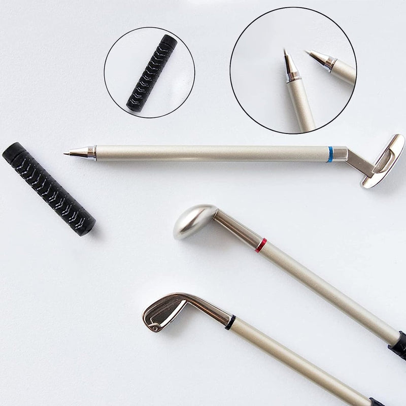 Laad afbeelding in Galerijviewer, Ontdek de Golfclub pennenset: een stijlvolle en functionele toevoeging aan uw werkplek met drie pennen gemaakt van duurzame materialen, die lijken op golfclubs. Elke pen heeft gedetailleerde punten en verwisselbare grips, elegant gepresenteerd op een witte achtergrond.
