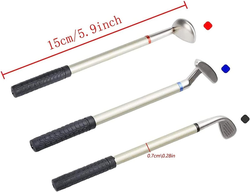 Laad afbeelding in Galerijviewer, De Golfclub pennenset bestaat uit drie stijlvolle pennen met zwarte grips en unieke gekleurde markeringen, ontworpen als golfclubputters. Gemaakt van duurzame materialen, ze zijn voorzien van een rode meetlijn die een lengte van 15 cm en een diameter van 0,7 cm aangeeft.
