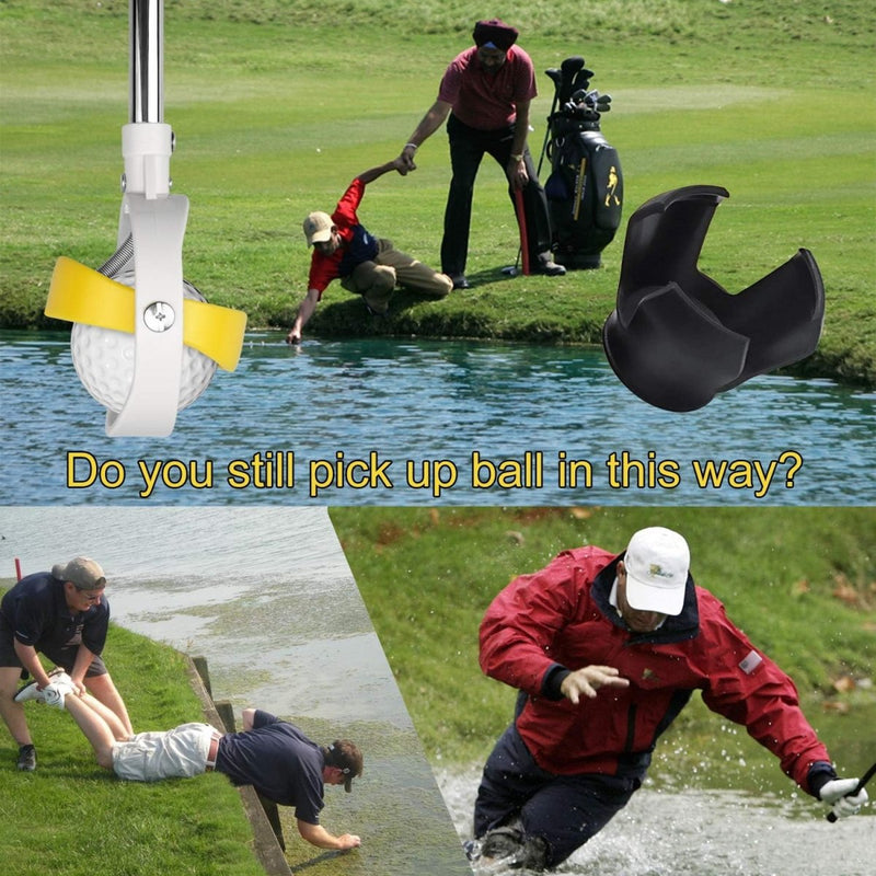 Laad afbeelding in Galerijviewer, Een collage toont golfers die met hun handen en gereedschap ballen uit waterhindernissen halen, en vissers met een golfbalhengel. De tekst luidt: &quot;Raap jij nog steeds op deze manier ballen op? Probeer de Ontdek de ultieme golfbal hengel: Bespaar tijd en geld op de baan!.
