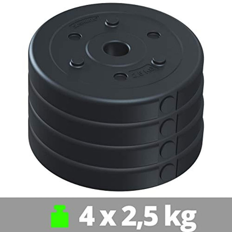 Laad afbeelding in Galerijviewer, Een duurzame set van vier op elkaar gestapelde zwarte halterschijven, gelabeld 4 x 2,5 kg, ideaal voor krachttraining en een perfecte aanvulling op de Halterschijven set van 10 kg: de perfecte manier om je krachttraining te verbeteren.
