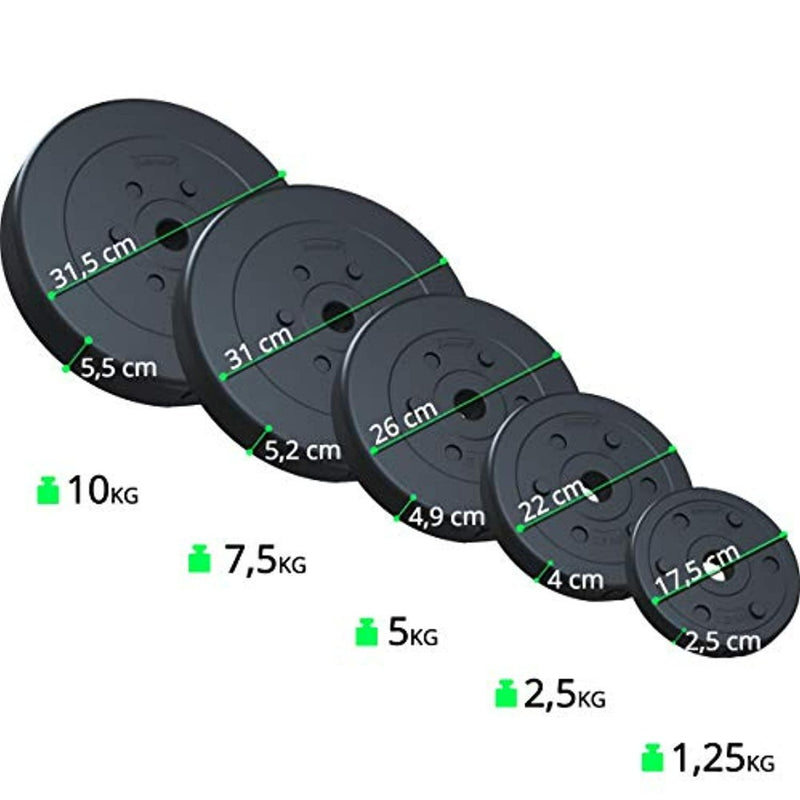 Laad afbeelding in Galerijviewer, De &quot;Halterschijven set van 10kg&quot; bevat vijf zwarte schijven met de volgende gelabelde afmetingen: 10kg (31,5cm), 7,5kg (26cm), 5kg (22cm), 2,5kg (17,5cm) en 1,25kg (12,5cm). Deze schijven zijn ideaal voor krachttraining en zorgen voor duurzaamheid tijdens trainingen.
