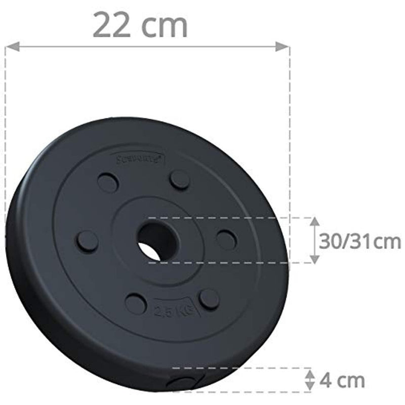 Laad afbeelding in Galerijviewer, Introductie van een duurzame zwarte halterschijf van 2,5 kg, ideaal voor krachttraining, met afmetingen van 22 cm diameter, 4 cm dikte en een omtrek van het labelgebied van 30/31 cm. Perfecte aanvulling op de Halterschijven set van 10kg: de perfecte manier om je krachttraining te verbeteren.
