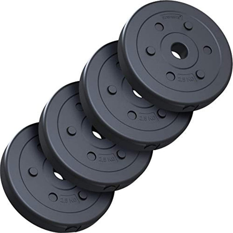 Laad afbeelding in Galerijviewer, De Halterschijven set van 10kg bestaat uit vier 2,5 kg zwarte halterschijven met gaten in het midden, ideaal voor krachttrainingssessies.
