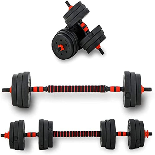 Drie Verstelbare dumbbells uit de "Verstelbare dumbells: de complete set voor thuistraining", met zwarte gewichten en rode stangen, worden op een witte achtergrond getoond. De bovenste staat rechtop met meerdere gewichtsschijven erop gestapeld. Ideaal voor krachttraining en thuistraining.