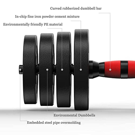 Afbeelding van Verstelbare dumbells: de complete set voor thuistraining, met kenmerken zoals een gebogen rubberen stang, milieuvriendelijke materialen en ingebedde stalen buisovermoulding voor duurzaamheid - ideaal voor krachttraining en thuistraining.