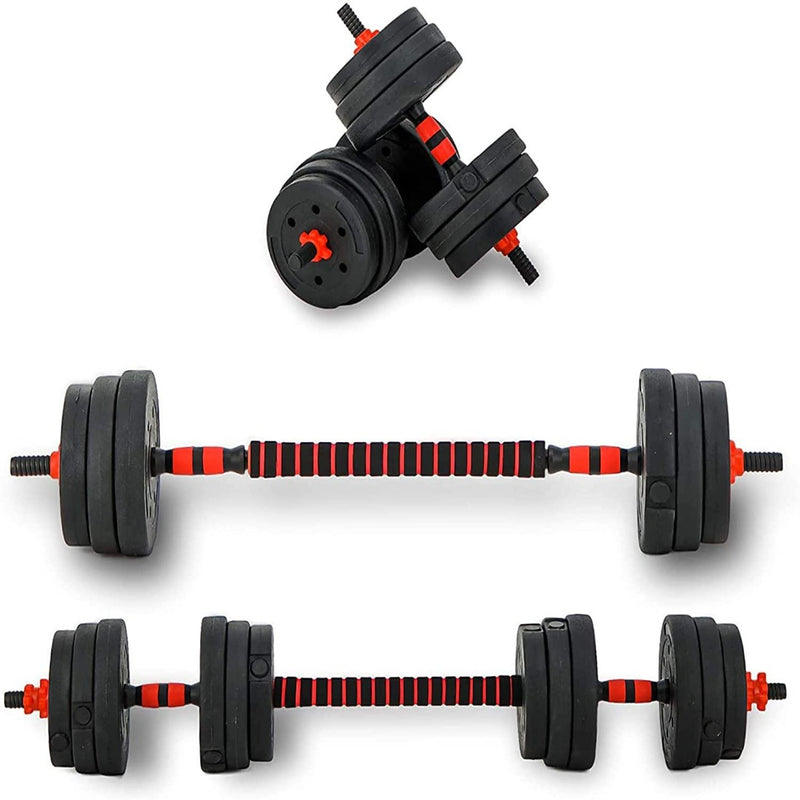 Laad afbeelding in Galerijviewer, Verstelbare dumbbells en een halterset met zwarte gewichten en rode accenten, ideaal voor thuistraining en krachttraining, van opzij afgebeeld en gestapeld.

