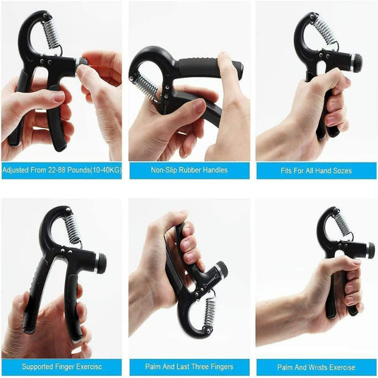 Zes afbeeldingen van de Verstelbare handknijper: Krijg een ijzersterke grip benadrukken de verstelbare weerstand en antislip rubberen handgrepen, waardoor het perfect is voor alle handgroottes. Het is ideaal voor vinger-, handpalm- en polsoefeningen en voor degenen die hun grip willen verbeteren.