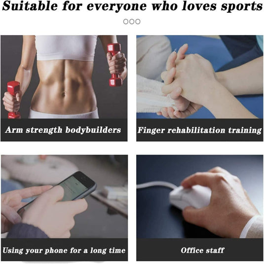 De afbeelding is verdeeld in vier secties: armkracht met dumbbells, vingerrevalidatie, smartphonegebruik en muisbediening. Activiteiten zoals het gebruiken van de Verstelbare handknijper: Krijg een ijzersterke grip voor gripverbetering of het versterken van pols- en armspieren met verschillende hulpmiddelen worden uitgelicht.