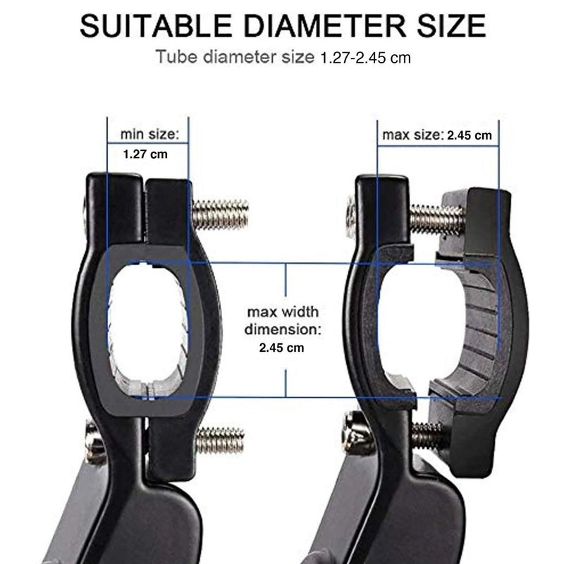 Laad afbeelding in Galerijviewer, Diagram toont klemafmetingen van 1,27 cm tot 2,45 cm, met voor- en zijaanzichten van verstelbare klemmen met antisliprubber, gelabelde schroeven en buisdiameterbereik. Perfect voor gebruik met de Happygetfit MTB Standaard om uw mountainbike veilig en zeker te parkeren.
