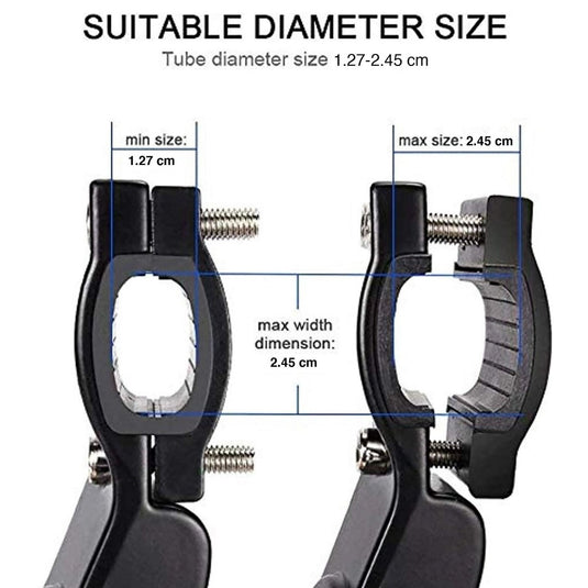 Diagram toont klemafmetingen van 1,27 cm tot 2,45 cm, met voor- en zijaanzichten van verstelbare klemmen met antisliprubber, gelabelde schroeven en buisdiameterbereik. Perfect voor gebruik met de Happygetfit MTB Standaard om uw mountainbike veilig en zeker te parkeren.