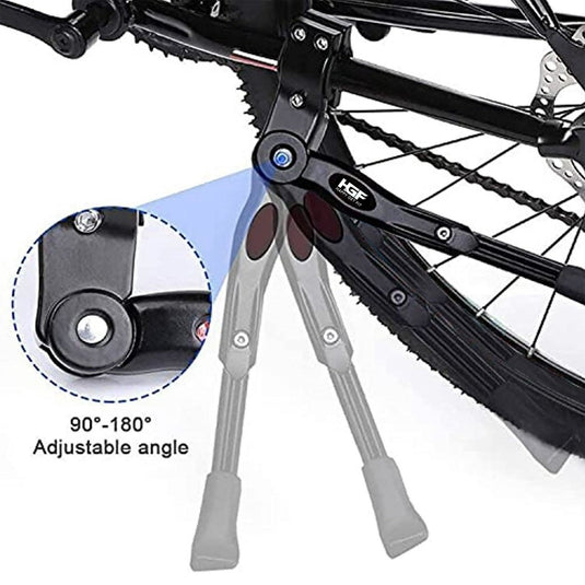 Close-up van de Happygetfit MTB Standaard verstelbare fietsstandaard met antisliprubber, weergegeven in een diagram waarop het hoekbereik van 90°-180° is aangegeven.