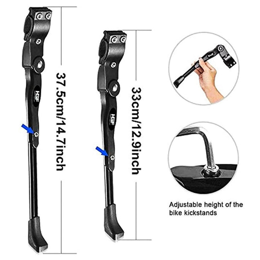 Ontdek twee verstelbare MTB-standaardfietsstandaards van Happygetfit, met lengtes van 37,5 cm en 33 cm, met een illustratie van de hoogteverstelling, een close-up van de hand voor het maken van aanpassingen en antisliprubber voor veilig parkeren.