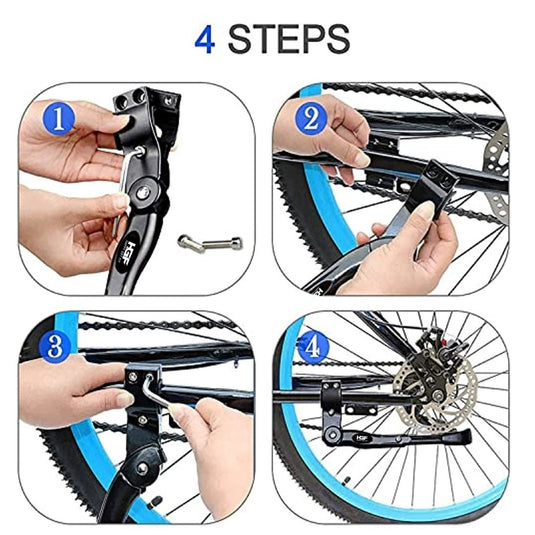 Om de Happygetfit MTB Standaard te installeren: 1. Verwijder de schroef; 2. Plaats de verstelbare standaard met antisliprubber aan de achterkant van het frame; 3. Plaats de schroef in het frame; 4. Draai vast om de standaard vast te zetten voor een veilige en stabiele fietsparkeerervaring!.
