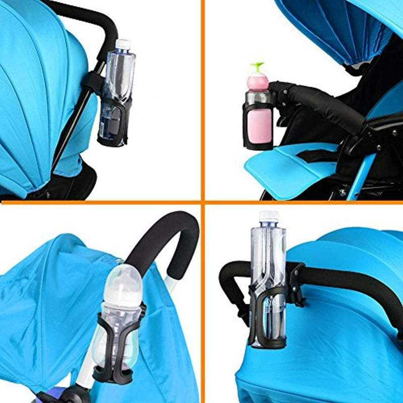 Laad afbeelding in Galerijviewer, Een kinderwagen met een blauwe kap met afbeeldingen van de Happygetfit bidonhouder zonder schroeven, elk met verschillende flessen. Gemaakt van duurzame materialen, het zorgt voor duurzaamheid voor al uw avonturen.
