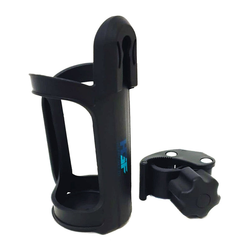 Laad afbeelding in Galerijviewer, De Happygetfit bidonhouder zonder schroeven is een zwarte fietsbidonhouder gemaakt van duurzaam materiaal, met een verstelbare klem en een blauw Happygetfit logo.
