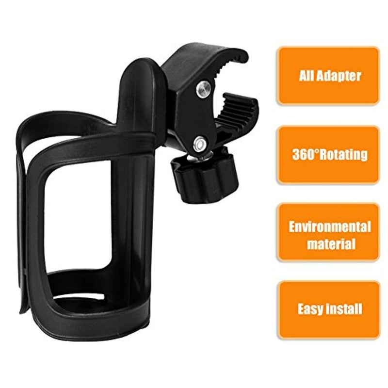 Laad afbeelding in Galerijviewer, De Happygetfit bidonhouder zonder schroeven in de kleur zwart heeft een verstelbare klem en is voorzien van oranje badges met de gelabelde kenmerken: &quot;All Adapter&quot;, &quot;360° Rotating&quot;, &quot;Duurzame Materialen&quot; en &quot;Easy Install&quot; voor ultiem fietsgemak.
