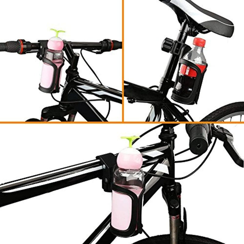 Laad afbeelding in Galerijviewer, Collage van een fiets met twee bekerhouders van duurzame materialen: één verstelbare &quot;Happygetfit bidonhouder zonder schroeven&quot; op het stuur met een roze fles, en één op het frame met een colafles.
