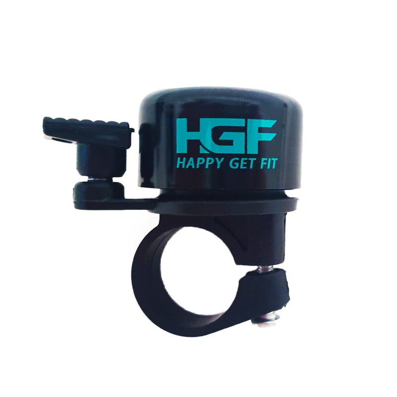 Laad afbeelding in Galerijviewer, Zwarte luide fietsbel van Happygetfit met &quot;HGF&quot; en &quot;Happy Get Fit&quot; in turquoise voor veiligheid en stijl.

