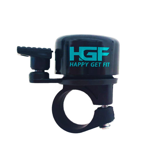 Zwarte luide fietsbel van Happygetfit met "HGF" en "Happy Get Fit" in turquoise voor veiligheid en stijl.