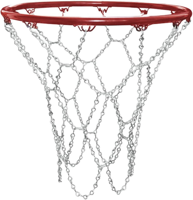 Laad afbeelding in Galerijviewer, Rode basketbalring met een zilveren kettingnet en een &quot;Verrijk je spel met ons duurzaam basketbalnet voor een perfecte dunk!&quot; ontwerp voor gegarandeerde duurzaamheid.
