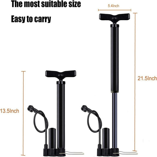Twee zwarte draagbare luchtpompen, 33,5 cm en 21,5 cm hoog, elk met een slang en handvat voor snelle uitval. De tekst luidt: 
