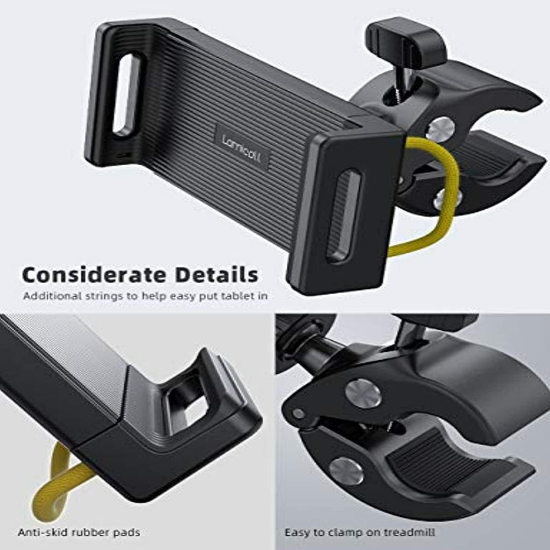 Laad afbeelding in Galerijviewer, De Loopband en Hometrainer Tablethouder beschikt over een verstelbare klem met antislip rubberen pads voor handsfree entertainment en wordt geleverd met extra touwtjes voor eenvoudige bevestiging, wat zorgt voor brede apparaatcompatibiliteit.
