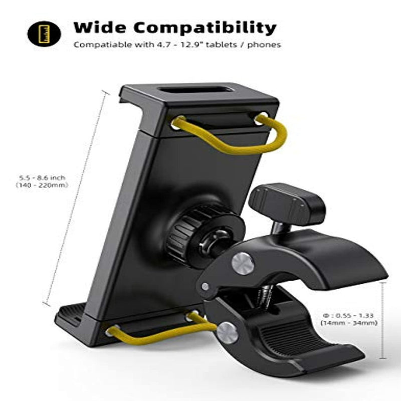 Laad afbeelding in Galerijviewer, De Loopband en hometrainer tablethouder biedt handsfree entertainment met een stevige zwarte klem en gele handgrepen, geschikt voor apparaten van 4,7 tot 12,9 inch voor brede apparaatcompatibiliteit, waardoor veelzijdige montage mogelijk is waar nodig.
