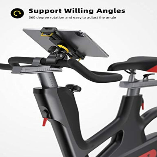 Het stuur van de hometrainer is uitgerust met de "Loopband en hometrainer tablethouder: De ultieme manier om te trainen en te genieten", met 360 graden rotatie en een instelbare hoekschaal voor brede apparaatcompatibiliteit en handsfree entertainment.