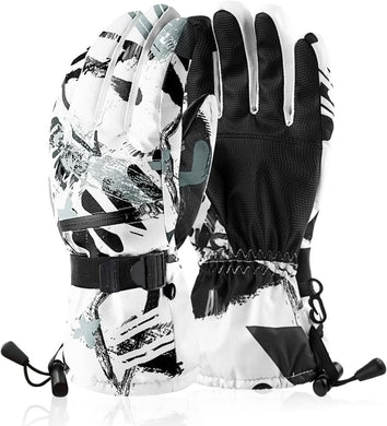 Houd je handen warm en geniet van de wintersport met deze skihandschoenen. Ze zijn wit en zwart met abstracte patronen, hebben verstelbare polsbanden en koorden voor bevestiging, bieden touchscreen-functionaliteit om verbonden te blijven, en houden je handen droog dankzij het waterdichte ontwerp.