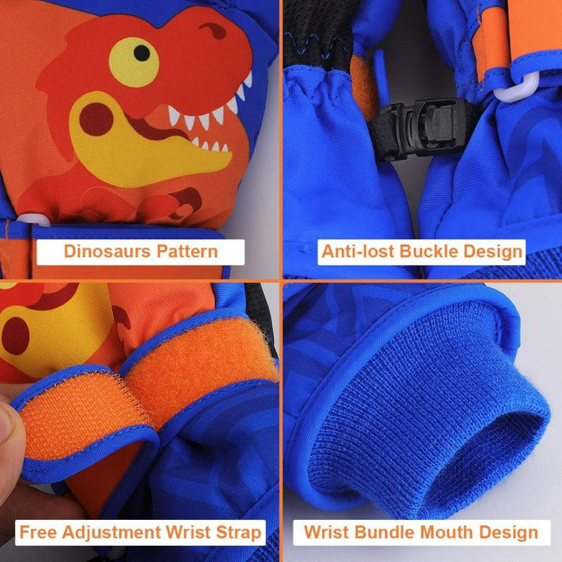 Laad afbeelding in Galerijviewer, Deze kinderskihandschoenen, ontworpen om uw kinderen warm en comfortabel te houden in de winter, hebben een dinosauruspatroon, anti-verlies gesp, verstelbare polsband, polsbundel mondontwerp en antislip grip. Tekstlabels benadrukken elke eigenschap van deze waterdichte handschoenen.
