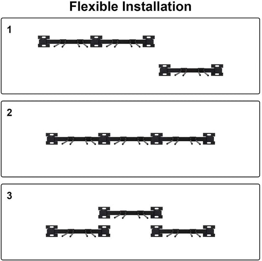 De afbeelding toont drie installatieopties met behulp van connectoren: lineair (1), licht verschoven (2) en afzonderlijke segmenten (3). Deze configuraties zijn gemaakt van hoogwaardig metaal en zijn ideaal voor het organiseren van uw ski's en snowboards met onze ski- en snowboardhouder.