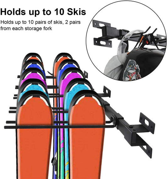 De "Houd je ski's en snowboards veilig en georganiseerd met deze ski en snowboardhouder" is gemaakt van hoogwaardig metaal, biedt plaats aan tien kleurrijke skiparen en bevat afneembare haken voor veelzijdige wandmontage met helmen.