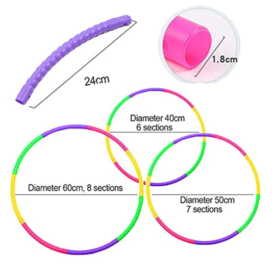 De kleurrijke hula hoop heeft 24 cm lange, 1,8 cm diameter plastic secties voor verstelbare maten: 40 cm (6 secties), 50 cm (7 secties) en 60 cm (8 secties). Het milieuvriendelijke ontwerp biedt speels plezier voor kinderen. Ontdek eindeloos plezier met onze levendige kinder hula hoop!.