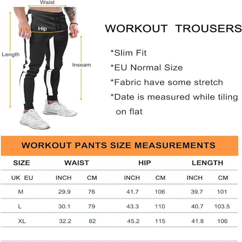 Laad afbeelding in Galerijviewer, Verrijk uw fitnessgarderobe met onze stijlvolle, slim-fit joggingbroek voor heren. Gemaakt van ademend stretchmateriaal, deze broek biedt een stijlvolle uitstraling. Verkrijgbaar in de maten M tot XL met gedetailleerde taille-, heup- en lengtematen in inches en centimeters.
