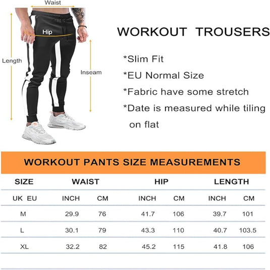 Verrijk uw fitnessgarderobe met onze stijlvolle, slim-fit joggingbroek voor heren. Gemaakt van ademend stretchmateriaal, deze broek biedt een stijlvolle uitstraling. Verkrijgbaar in de maten M tot XL met gedetailleerde taille-, heup- en lengtematen in inches en centimeters.