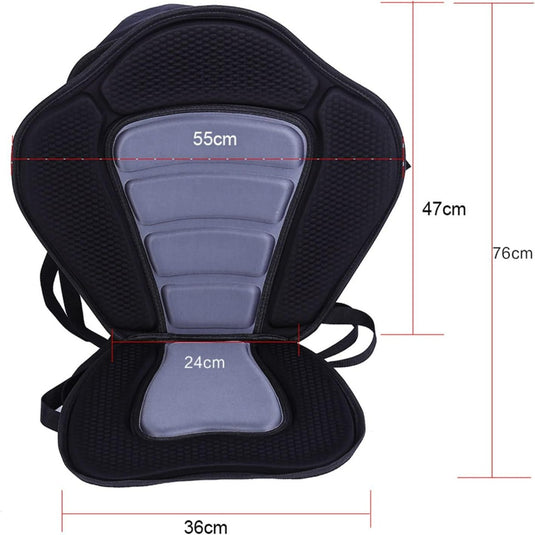 Het "Sup zitje" is een grijs en zwart ergonomisch rugkussen gemaakt van waterbestendig materiaal met de afmetingen: 55cm bovenbreedte, 36cm onderbreedte, 24cm zitbreedte en 76cm hoogte voor comfortabele ondersteuning, perfect om uw kajak- of kano-ervaring te verbeteren.