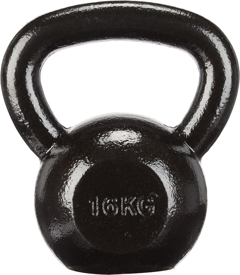 Laad afbeelding in Galerijviewer, De Kettlebell: de ultieme fitnesstool voor iedereen is een strakke zwarte 16kg zware kettlebell met een gladde afwerking en breed handvat, perfect voor weerstandstrainingsoefeningen.
