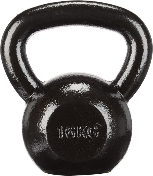 De Kettlebell: de ultieme fitnesstool voor iedereen is een strakke zwarte 16kg zware kettlebell met een gladde afwerking en breed handvat, perfect voor weerstandstrainingsoefeningen.