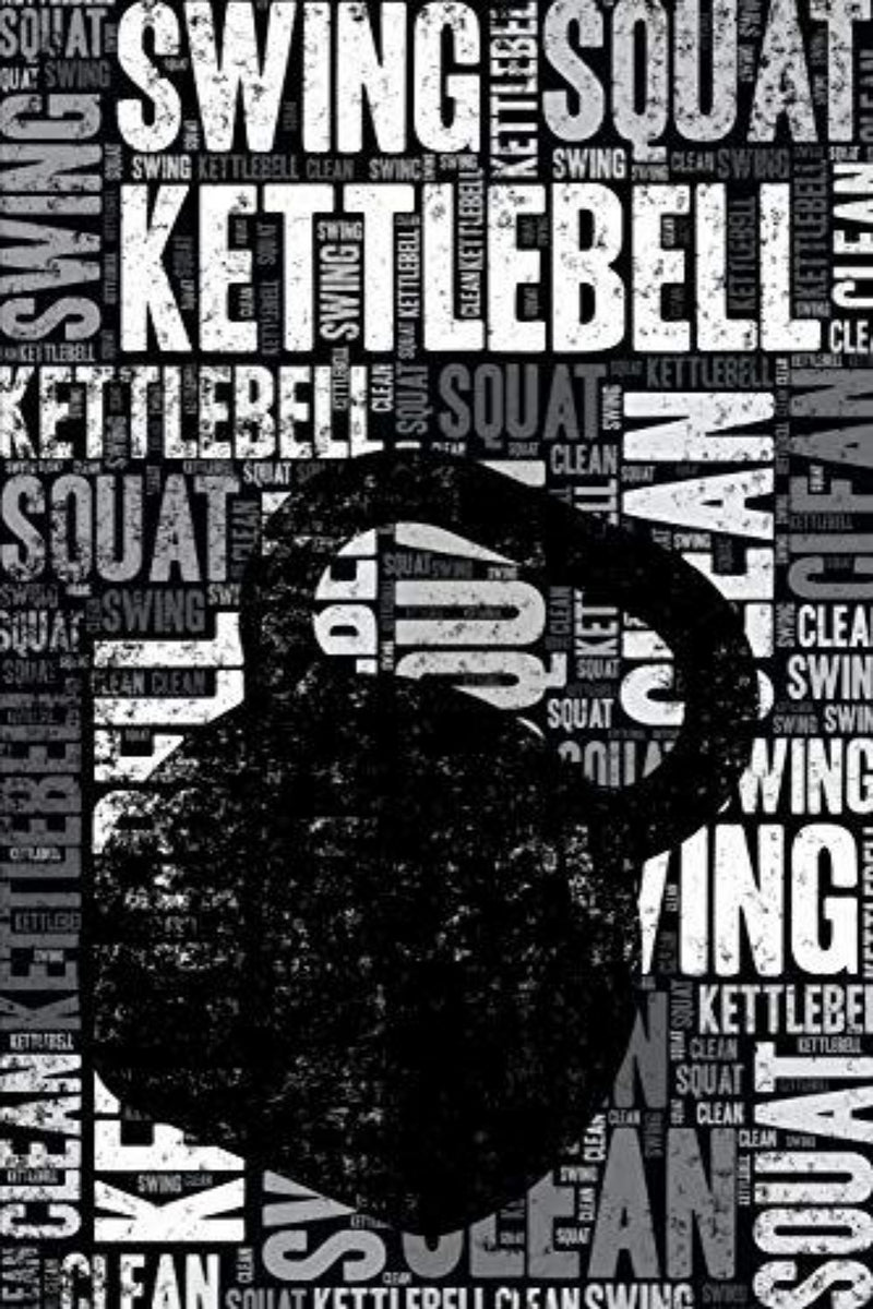 Laad afbeelding in Galerijviewer, Het Kettlebell Journal toont een zwart kettlebell-silhouet op een zwarte achtergrond met een textuur en herhaalde witte tekst, waaronder &#39;Kettlebell&#39;, &#39;Swing&#39;, &#39;Squat&#39; en &#39;Clean&#39;. Ideaal voor beoefenaars en instructeurs.
