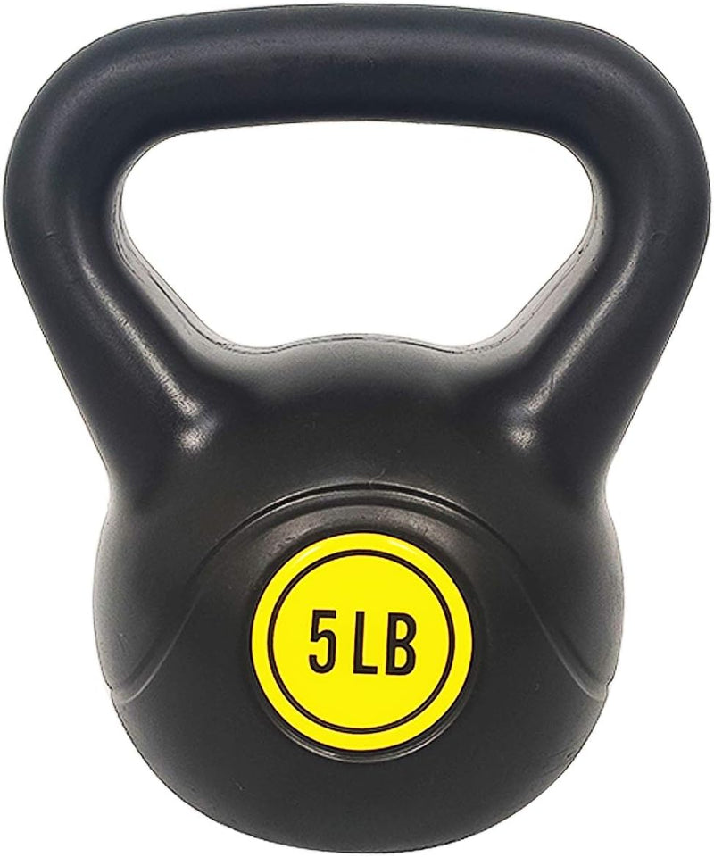 Laad afbeelding in Galerijviewer, Een zwarte kettlebell van 5 pond met een geel label, ideaal voor lichaamstraining, is gemaakt van hoogwaardig vinyl en een essentieel onderdeel van de kettlebell-set: alles wat je nodig hebt voor een complete lichaamstraining.

