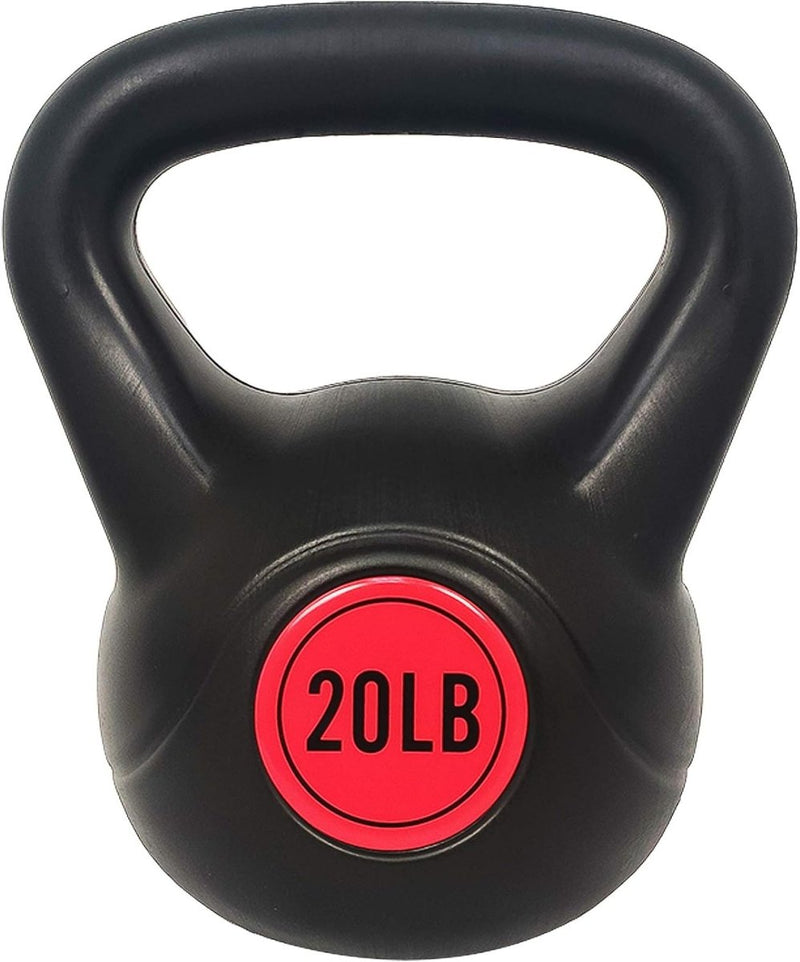 Laad afbeelding in Galerijviewer, De &quot;Kettlebell set: alles wat je nodig hebt voor een complete lichaamstraining&quot; bevat een zwarte kettlebell met een rood &quot;20LB&quot; label, gemaakt van hoogwaardig vinyl, waardoor hij ideaal is om je krachttraining een boost te geven.
