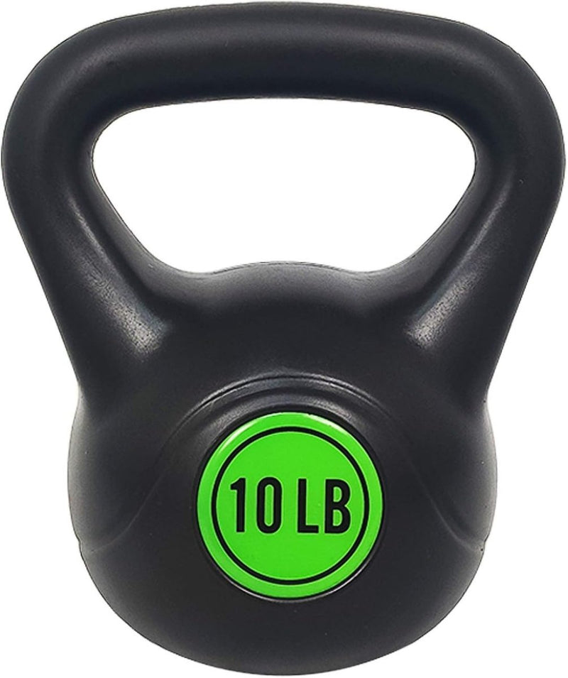 Laad afbeelding in Galerijviewer, De slanke zwarte kettlebell, onderdeel van de &quot;Kettlebell-set: alles wat je nodig hebt voor een complete lichaamstraining&quot;, is voorzien van een groen label dat aangeeft dat hij 10 pond weegt en is gecoat met hoogwaardig vinyl voor duurzaamheid en comfort.
