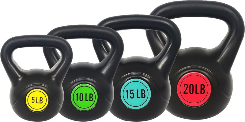 Laad afbeelding in Galerijviewer, Een levendige kettlebell-set, gelabeld als 5 lb, 10 lb, 15 lb en 20 lb, heeft unieke kleuren voor elk gewicht en is gemaakt van hoogwaardig vinyl om je lichaamstrainingsessies te verbeteren. Deze Kettlebell set is alles wat je nodig hebt voor een complete lichaamstraining.
