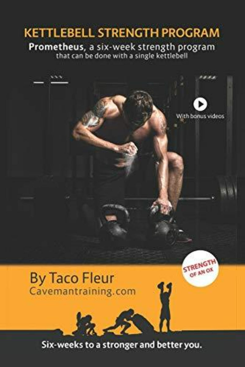 Laad afbeelding in Galerijviewer, Een man laat zien hoe hij met een kettlebell kan trainen in het &quot;Kettlebell Strength Program Prometheus&quot; van Taco Fleur, een handleiding van zes weken met 10 gedetailleerde kettlebelloefeningen en een link naar de website voor meer informatie.
