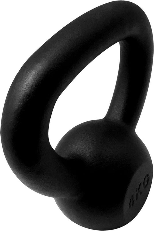 Een zwarte kettlebell van "Kettlebells: de perfecte tool voor een complete workout", gemaakt van duurzaam materiaal, met een gewicht van 4 kg, wordt getoond tegen een witte achtergrond.