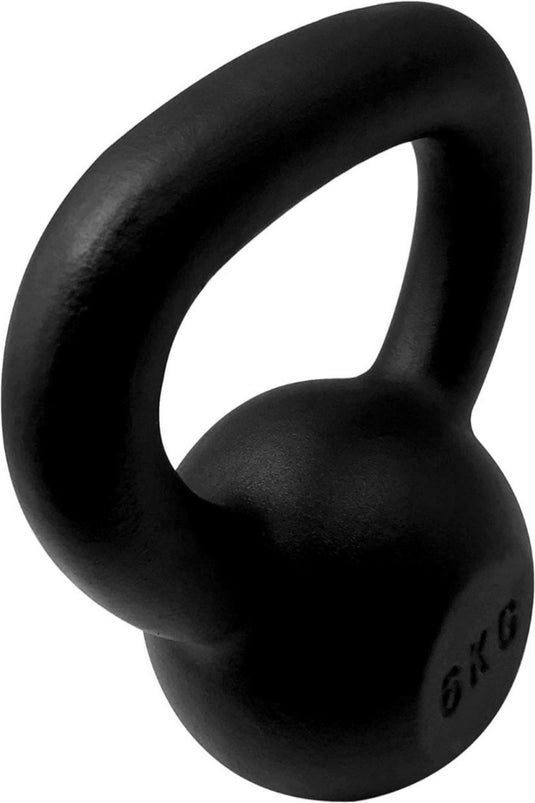 De "Kettlebells: de perfecte tool voor een complete workout" is een zwarte kettlebell van 6 kg gemaakt van duurzaam materiaal met een gladde afwerking en een gebogen handvat, perfect voor spierontwikkeling.