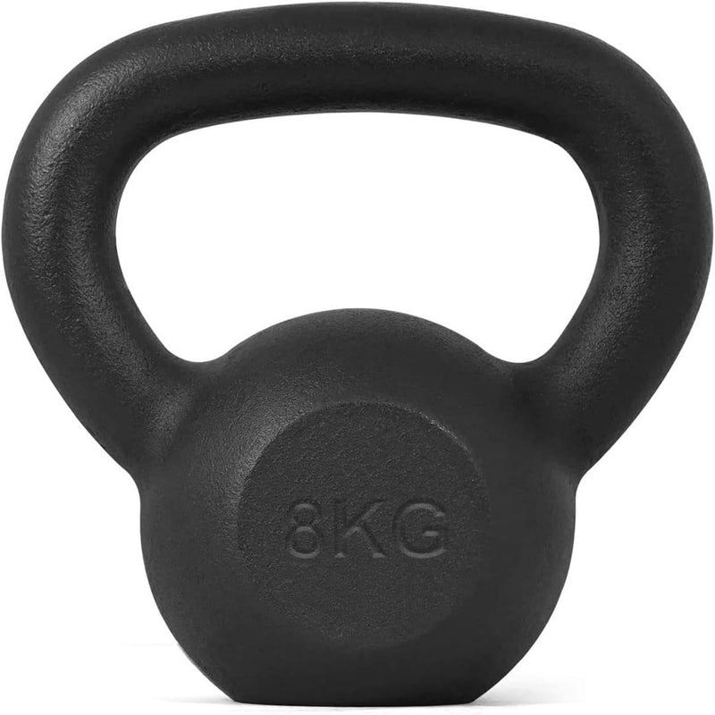 Laad afbeelding in Galerijviewer, Een zwarte kettlebell van 8 kg, gemaakt van duurzaam materiaal en voorzien van een breed handvat voor spierontwikkeling, wordt tentoongesteld tegen een witte achtergrond. Het is onderdeel van ‘Kettlebells: het perfecte hulpmiddel voor een complete workout.
