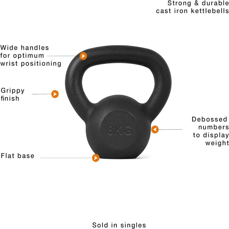 Laad afbeelding in Galerijviewer, Zwarte 8kg gietijzeren kettlebell met brede handgrepen, gripvaste afwerking en vlakke basis. Ideaal voor spierontwikkeling, met ingegraveerde gewichtsnummers. Wordt afzonderlijk verkocht als onderdeel van &quot;Kettlebells: de perfecte tool voor een complete workout.
