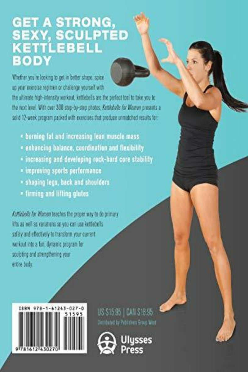 Laad afbeelding in Galerijviewer, Vrouw in sportkleding op de cover van &quot;Kettlebells voor vrouwen: trainingen voor een sterk, gespierd en sexy lichaam&quot;, demonstreert een intensieve oefening om kracht en spiergroei te benadrukken.

